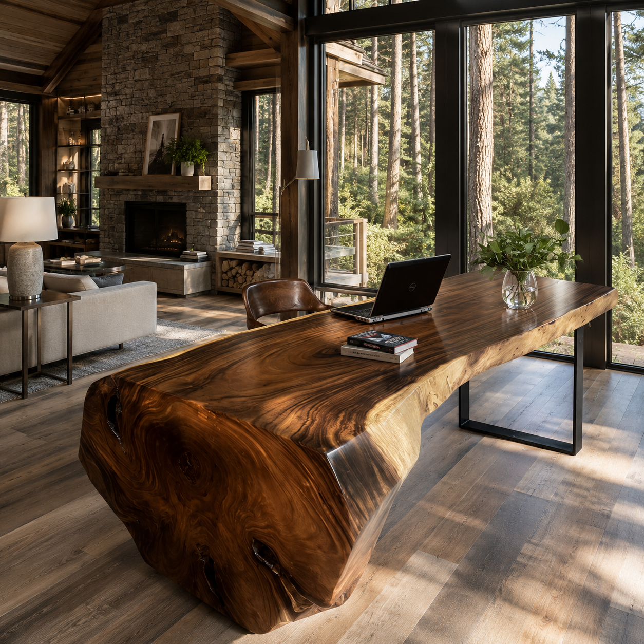 Live Edge Walnut Waterfall Desk, Solid Wood Executive Office Table, Custom Size