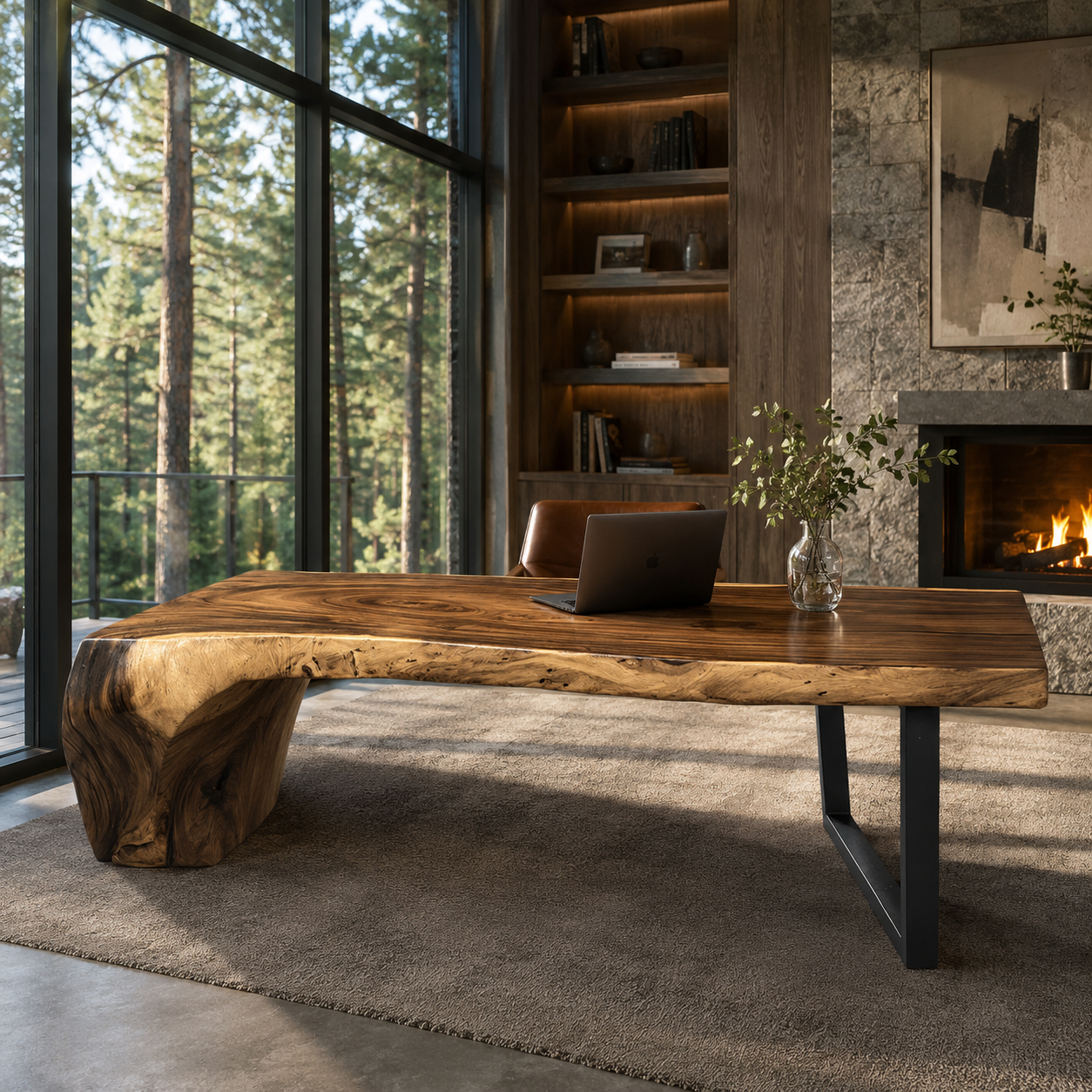 Live Edge Walnut Waterfall Desk, Solid Wood Executive Office Table, Custom Size
