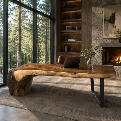 Live Edge Walnut Waterfall Desk, Solid Wood Executive Office Table, Custom Size