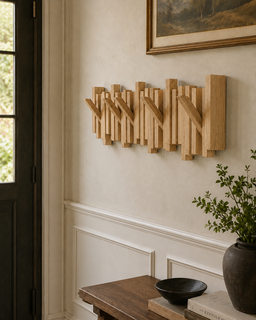 Walnut Wall Coat Rack, Sculptural Wooden Hooks, Modern Entryway Organizer