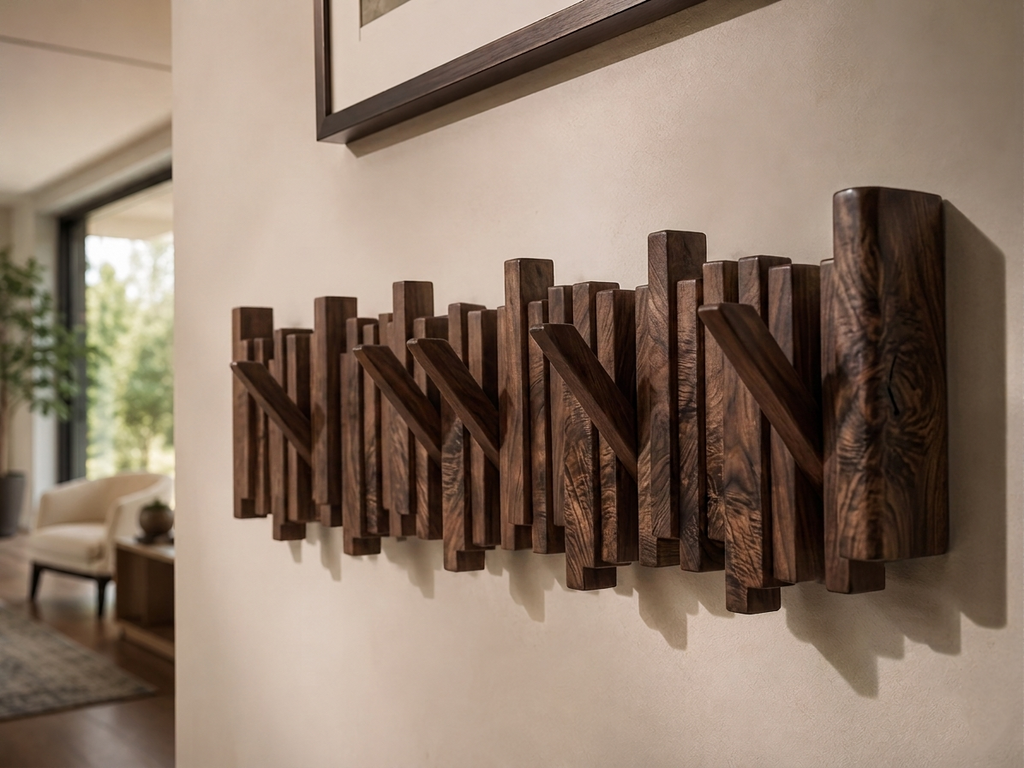 Walnut Wall Coat Rack, Sculptural Wooden Hooks, Modern Entryway Organizer