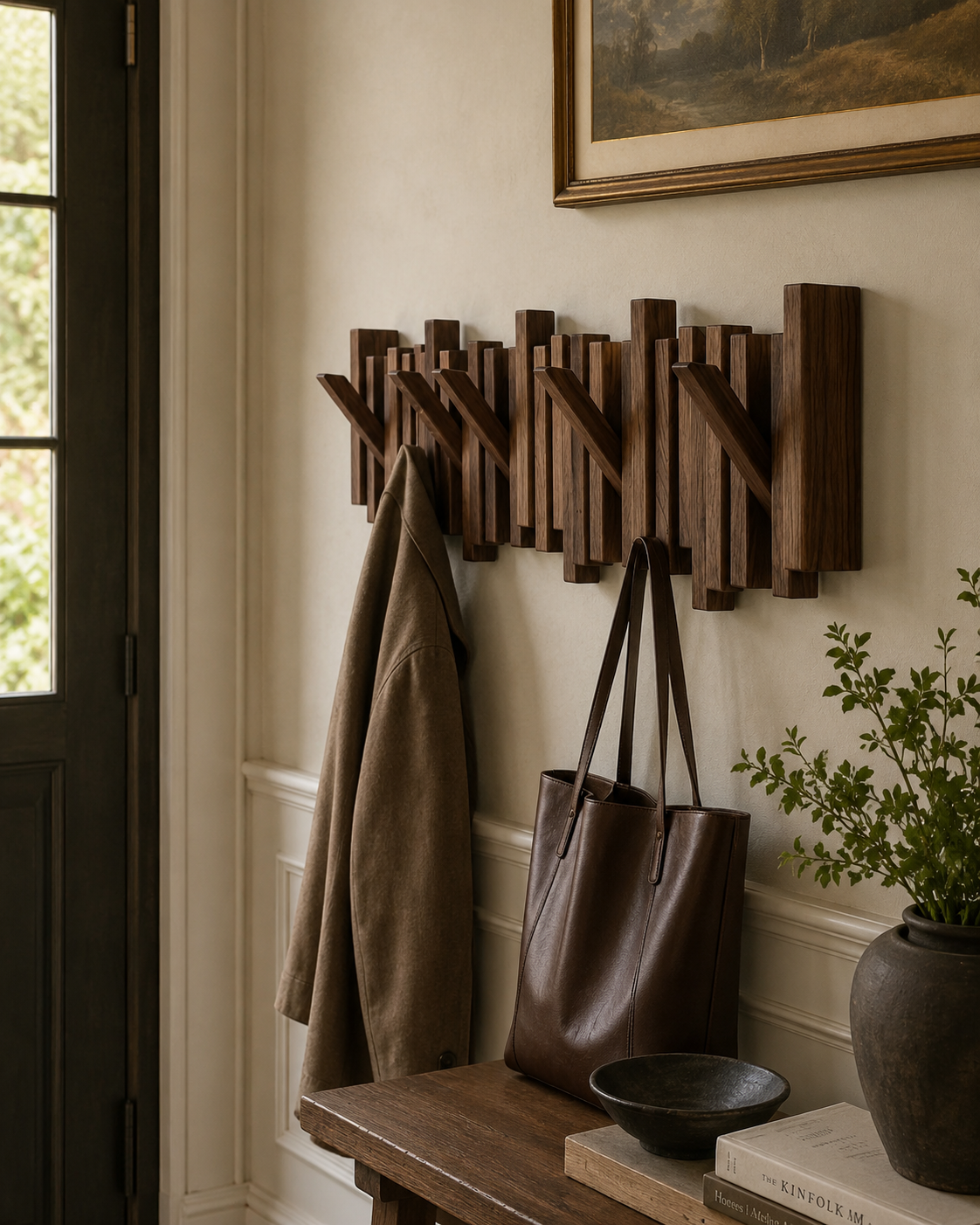 Walnut Wall Coat Rack, Sculptural Wooden Hooks, Modern Entryway Organizer