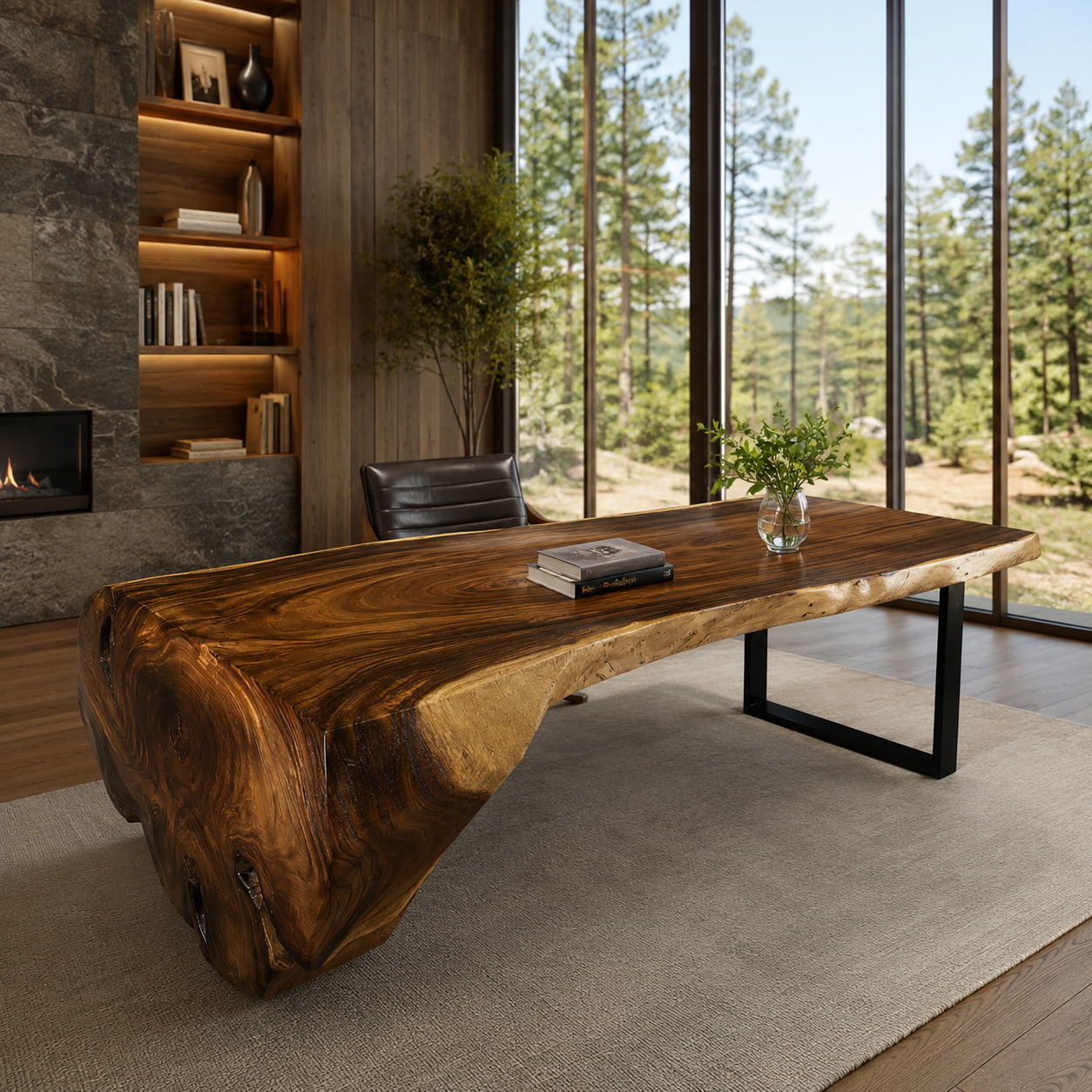 Live Edge Walnut Waterfall Desk, Solid Wood Executive Office Table, Custom Size