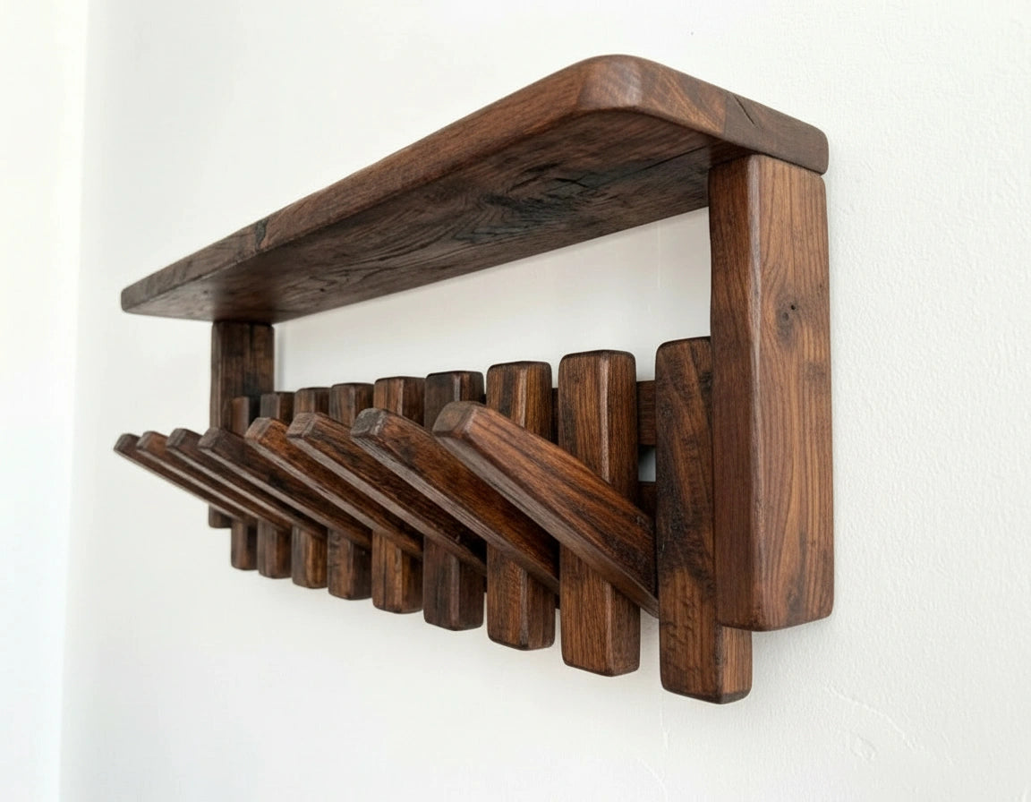 Walnut Coat Rack With Shelf, Rustic Wooden Wall Hooks, Handmade Walnut Wall Mounted Coat Hanger, Entryway Organizer, Wood Hat Rack